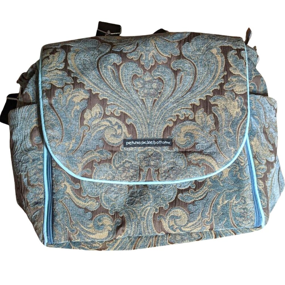 Petunia Pickle Bottom Backpack Tapestry Diaper Bag Damask Chenille Blue Brown